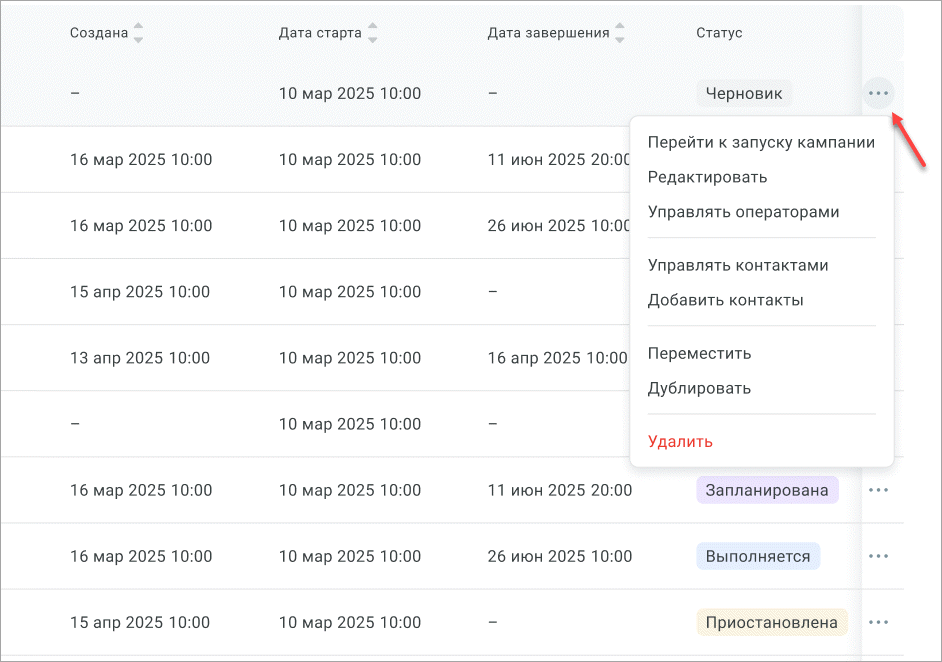Меню действий Меню действий
