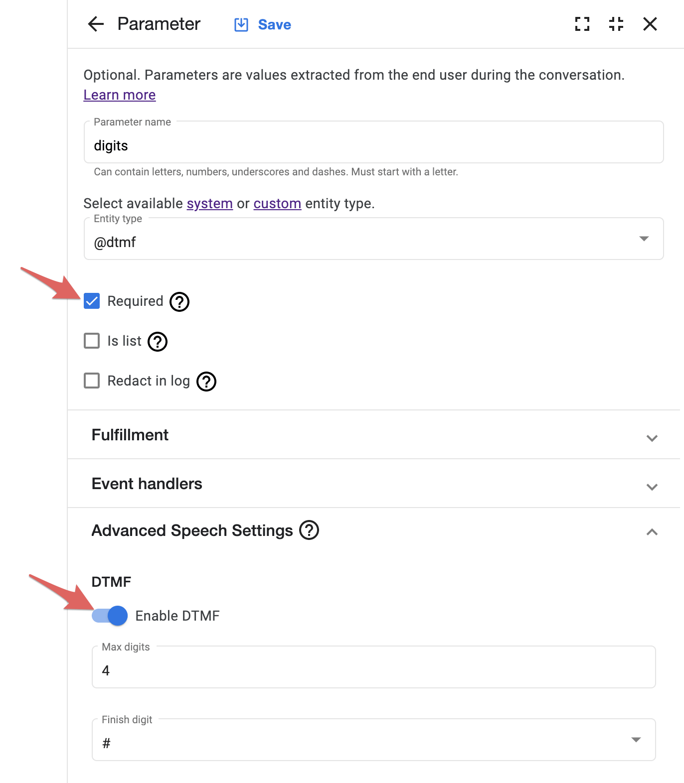 Parameters setup