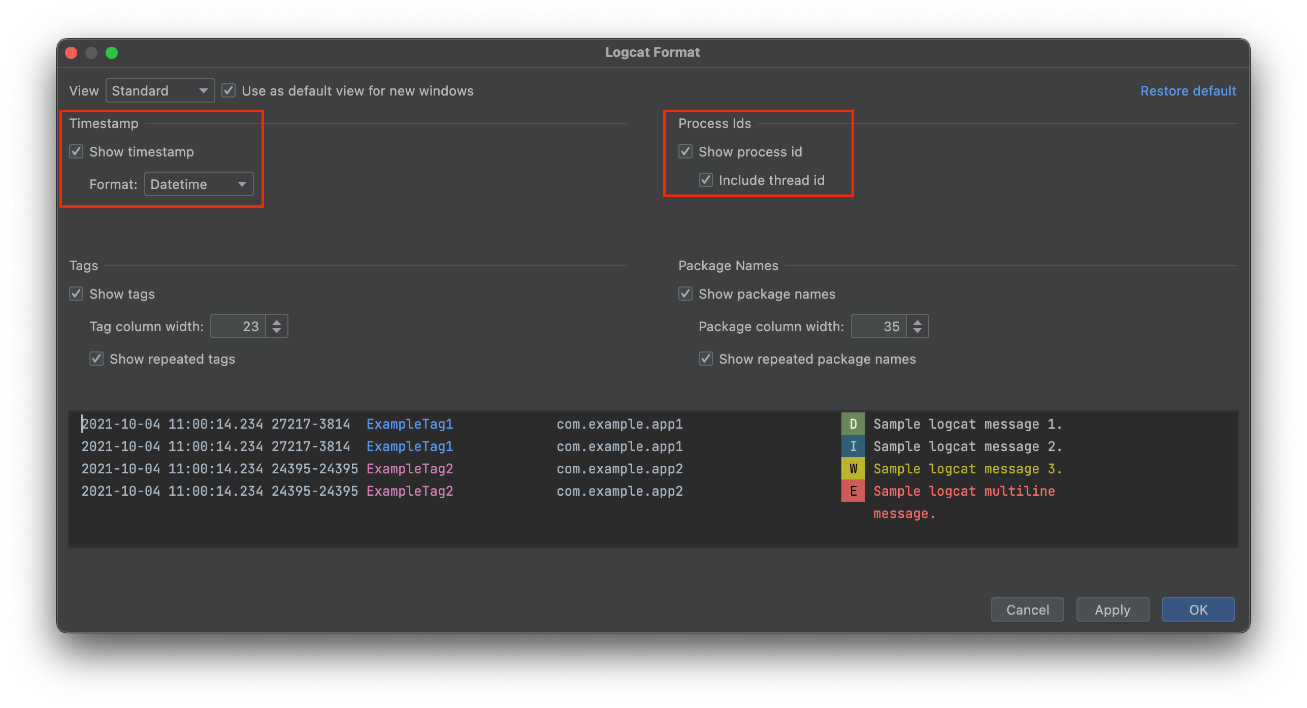 Logcat Formatting options